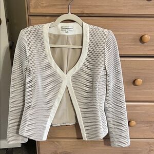 Katherine Kelly Cream Mesh Cropped Jacket Open Front Designer Blazer 4